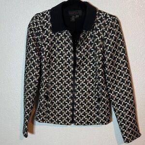 Nina McLemore Black White Geometric Print Full Zip Blazer Size 00 Career Casual